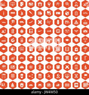 100 globe icons hexagon orange Stock Vector