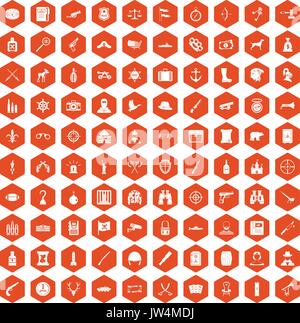 100 guns icons hexagon orange Stock Vector