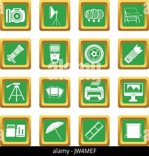 Photo studio icons set green Stock Vector