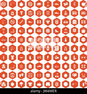100 gym icons hexagon orange Stock Vector