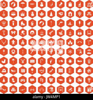 100 happy childhood icons hexagon orange Stock Vector