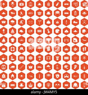 100 hat icons hexagon orange Stock Vector