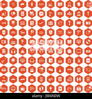 100 headphones icons hexagon orange Stock Vector