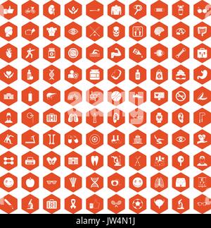 100 health icons hexagon orange Stock Vector