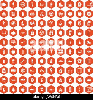 100 healthy lifestyle icons hexagon orange Stock Vector