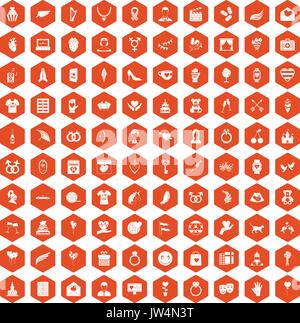 100 heart icons hexagon orange Stock Vector