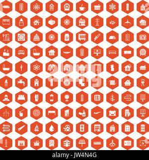 100 heating icons hexagon orange Stock Vector