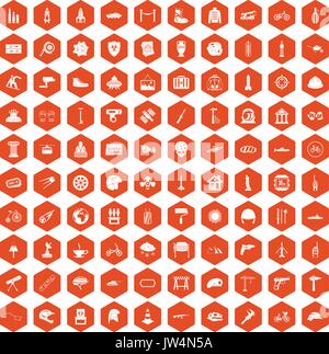 100 helmet icons hexagon orange Stock Vector