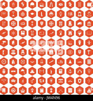 100 history icons hexagon orange Stock Vector