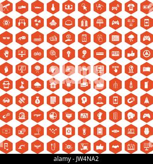 100 hi-tech icons hexagon orange Stock Vector