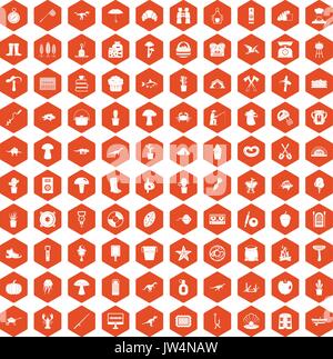 100 hobby icons hexagon orange Stock Vector