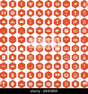 100 hockey icons hexagon orange Stock Vector