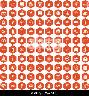 100 holidays icons hexagon orange Stock Vector
