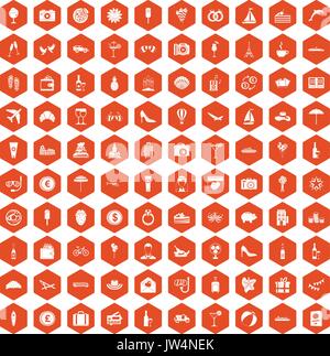 100 honeymoon icons hexagon orange Stock Vector