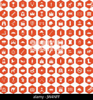 100 horsemanship icons hexagon orange Stock Vector