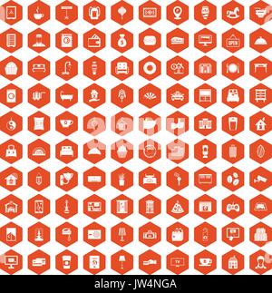 100 hotel icons hexagon orange Stock Vector