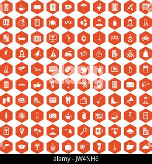 100 hotel services icons hexagon orange Stock Vector