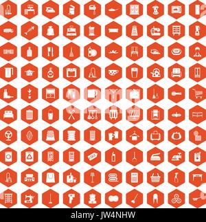 100 housework icons hexagon orange Stock Vector