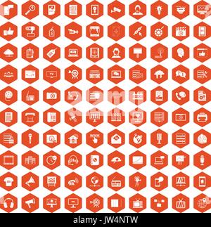 100 information technology icons hexagon orange Stock Vector
