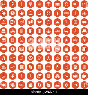 100 inn icons hexagon orange Stock Vector