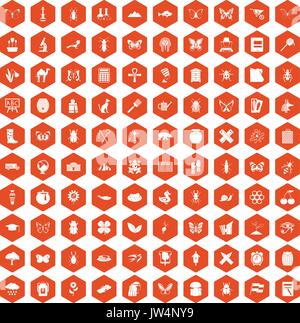 100 insects icons hexagon orange Stock Vector