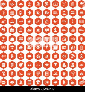 100 insurance icons hexagon orange Stock Vector