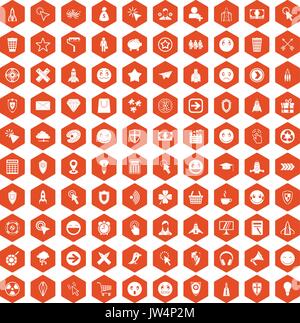 100 interface pictogram icons hexagon orange Stock Vector