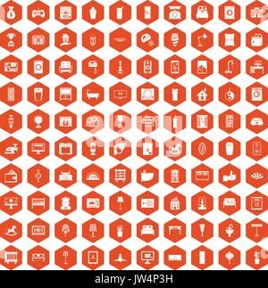 100 interior icons hexagon orange Stock Vector