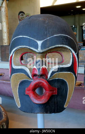 Face of Dzunukwa feast dish cover, Kwakwaka'wakw, Kingcome Inlet, British Columbia, c  1900, red cedar, paint   Museum of Anthropology, University of British Columbia   DSC08747 Stock Photo