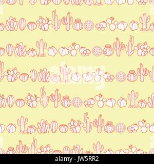 Cactus and succulents in red outline line up on pastel yellow background. Hand drawn style. Seamless pattern vector illustration. Stock Vector