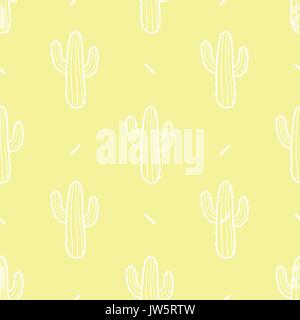 Cactus in white outline on pastel yellow background. Hand drawn style. Seamless pattern vector illustration. Stock Vector