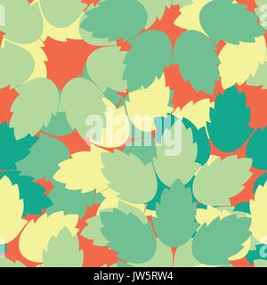 Colorful leaves in green and yellow plane random on red background. Seamless pattern vector illustration. Stock Vector