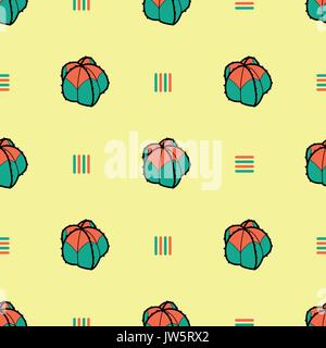 Cute colorful red and green succulents in black outline on pastel yellow background. Hand drawn style. Seamless pattern vector illustration. Stock Vector