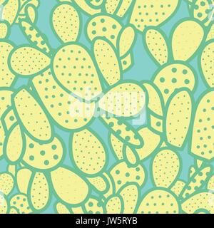 Random succulents in green outline and pastel yellow plane on light blue background. Hand drawn style. Seamless pattern vector illustration. Stock Vector