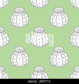 Succulents in gray outline and white plane on pastel green background. Hand drawn style. Seamless pattern vector illustration. Stock Vector