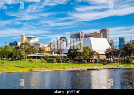 Adelaide, Australia - December 2, 2016: Adelaide city skyline on a day viewed through Torrens river in Elder Park on a bright day Stock Photo