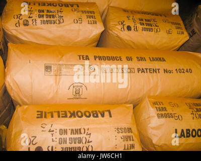 Nuvara Eliya, Sri Lanla - May 03, 2009: The bags with tea leaf crop on Mackwoods Limited PVT  factory Stock Photo