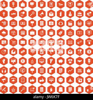 100 internet marketing icons hexagon orange Stock Vector