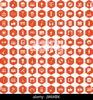 100 karaoke icons hexagon orange Stock Vector