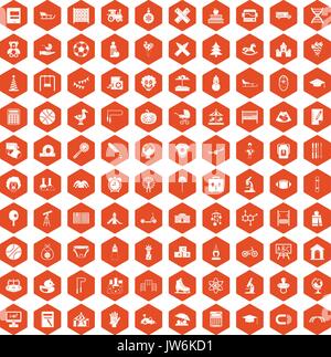 100 kids icons hexagon orange Stock Vector