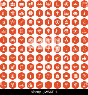100 kids activity icons hexagon orange Stock Vector