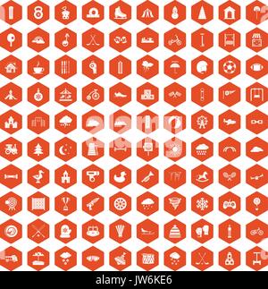 100 kids games icons hexagon orange Stock Vector