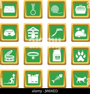 Cat care tools icons set green Stock Vector