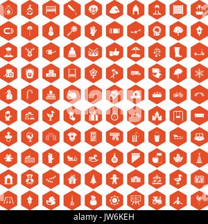100 kindergarten icons hexagon orange Stock Vector