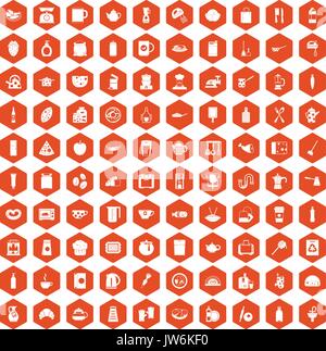 100 kitchen icons hexagon orange Stock Vector