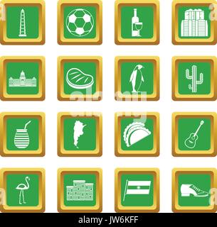 Argentina travel items icons set green Stock Vector