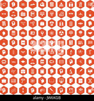 100 knowledge icons hexagon orange Stock Vector