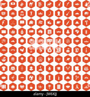 100 landmarks icons hexagon orange Stock Vector