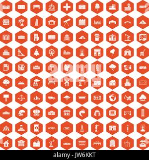 100 landscape element icons hexagon orange Stock Vector