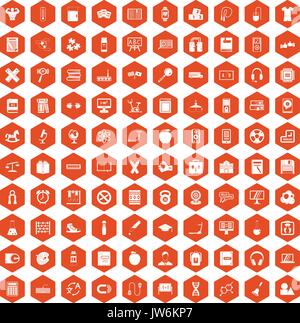 100 learning kids icons hexagon orange Stock Vector